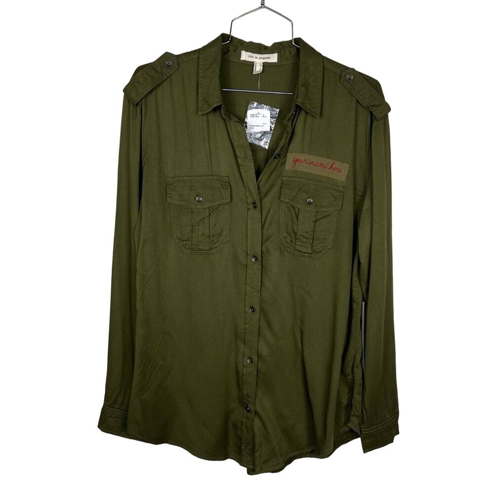 NWT LIFE IN PROGRESS | Army Green Military Button‎ Down Women's Shirt S
